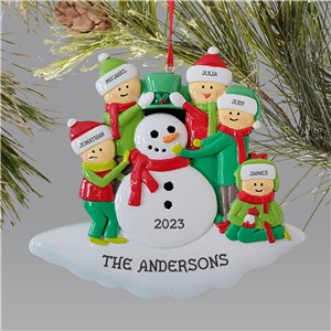 Personalized Green Hat Family Building Snowman Ornament L18438325X