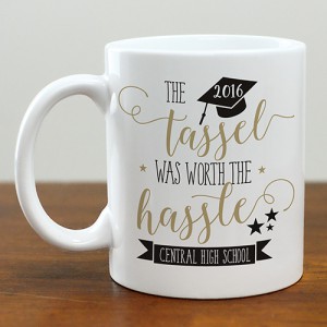 White mug with Gold script and black writing
