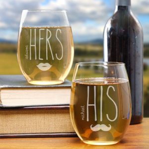 engraved his and hers stemless wine glass gift