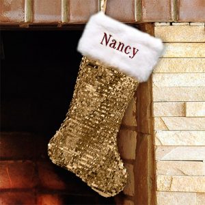personalized embroidered gold sequin christmas stocking
