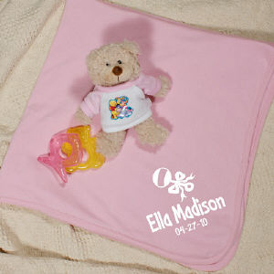 New Baby Girl Rattle and Bow Personalized Pink Blanket