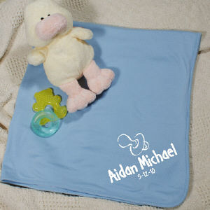 New Baby Boy Pacifier Blue Personalized Blue/White Blanket