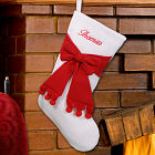 Embroidered Ivory and Red Bow Christmas Stockings