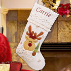 Embroidered Reindeer Cream Woven Cotton Christmas Stockings