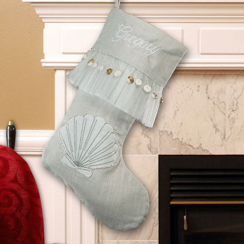 Embroidered Seashell Linen Christmas Stockings