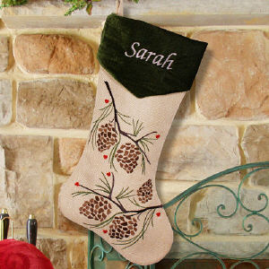 Embroidered Pine Cone Christmas Stocking