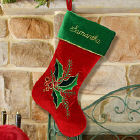 Embroidered Holly Leaves and Berries Christmas Stocking