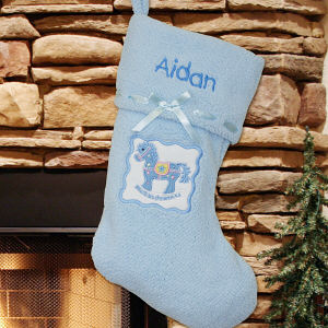 Embroidered Blue Rocking Horse First Christmas Stocking