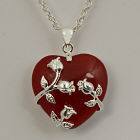 Red Jade Heart with Silvertone Trailing Rose Pendant