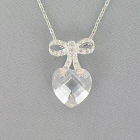Cubic Zirconia Heart with Bow Silvertone Pendant Necklace