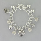 Heart and Crystal Bead Silvertone Charm Bracelet