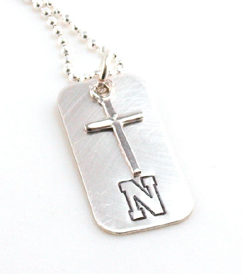 Cross Dog Tag HandStamped with Initial Engraved Cross Dog Tag Necklace