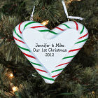Engraved Our First Christmas Candy Cane Heart Ornament
