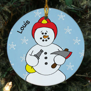 Personalized Ceramic Fireman Snowman Ornament