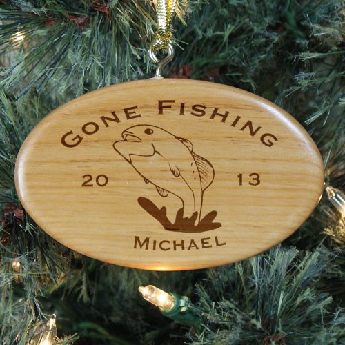 Engraved Gone Fishing Wooden Oval Christmas Tree Ornaments