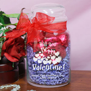 Engraved Be My Valentine Glass Treat Jar w/Choc Hearts