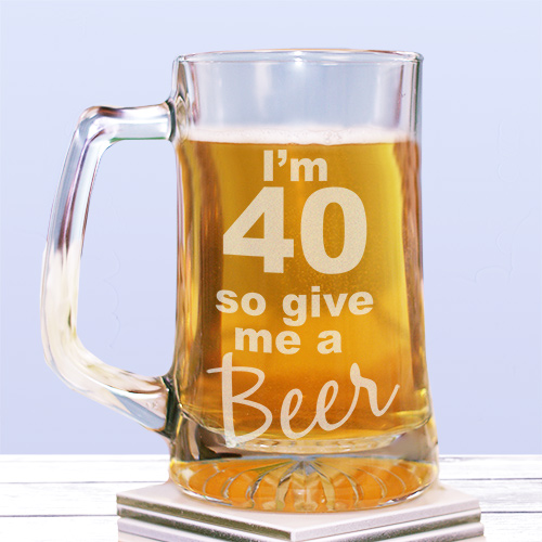 40th Birthday Glass Mug Engraved Birthday Beer Stein from