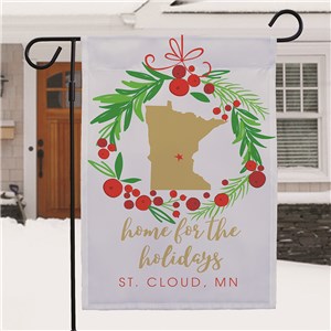 Personalized Home For the Holidays Garden Flag with State Shape