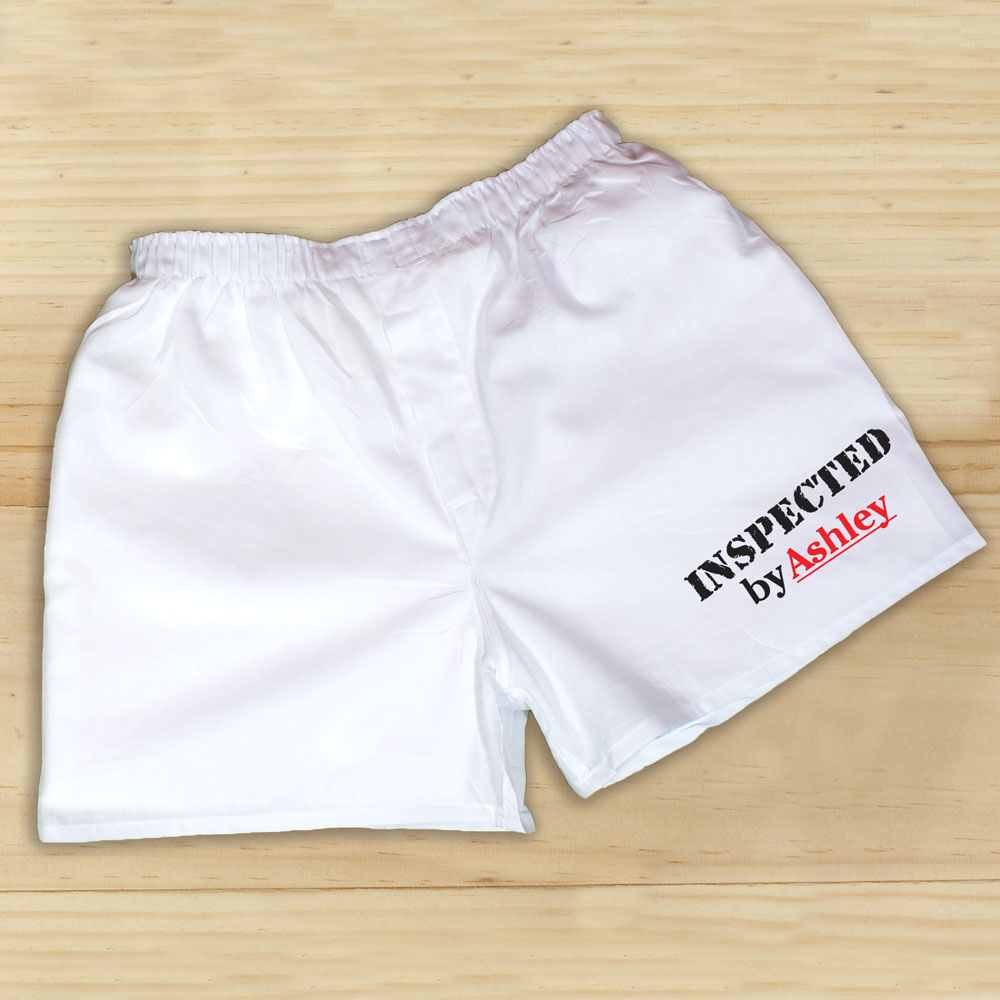 Inspected By Men's White Personalized Boxer Shorts Inspected By Boxers