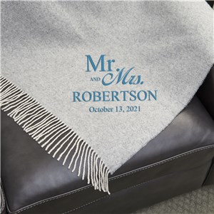 Embroidered Mr & Mrs Wedding Herringbone Wool Blanket 
