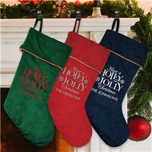 Embroidered Holly Jolly Plush Christmas Stocking With Gold Detail