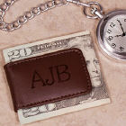 Engraved Brown Leather Initial Money Clip