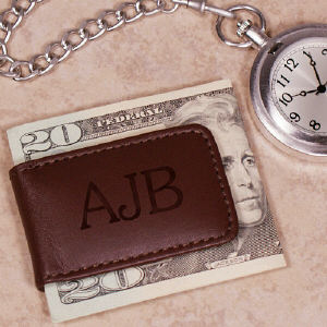 Engraved Brown Leather Initial Money Clip