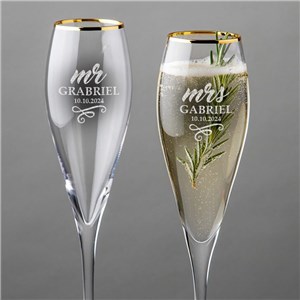 Engraved Mr & Mrs Gold Rim Tulip Champagne Flute Set L10466372