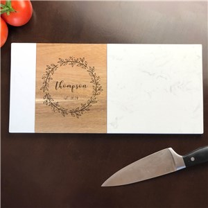 Engraved Family Name Wreath Marble and Acacia Wood Serving Board 