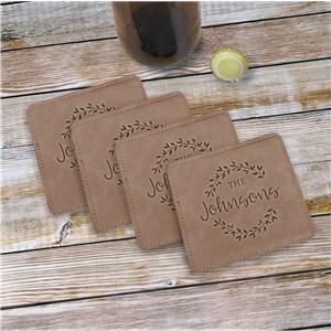 Personalized Floral Wreath Leather Coasters | Personalized Coasters
