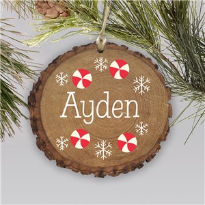 Personalized Peppermint Wood Ornament | Rustic Peppermint Ornament with Snowflakes