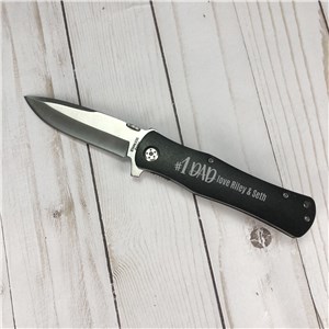 Engraved #1 Black Folding Pocket Knife L21139273
