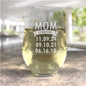 Engraved Mom Established Contemporary Stemless Wine Glass