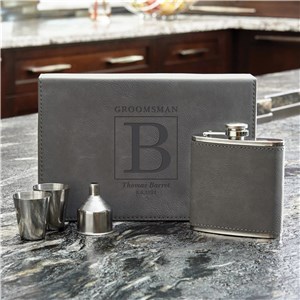 Personalized Grey Leather Flask Set L7646271