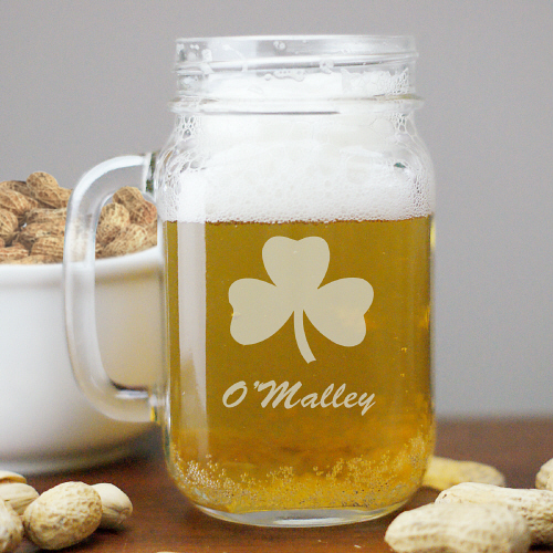 Engraved Irish Shamrock Mason Jar