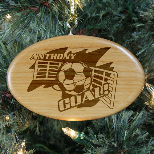 Engraved Soccer Player Wooden Oval Christmas Tree Ornaments