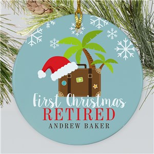 Personalized First Christmas Retired Suitcase Round Ornament