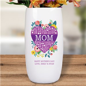 Customized Word-Art Mother's Day Vase with Purple Heart Design