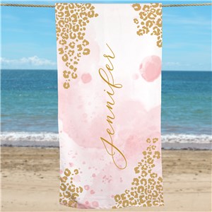 Personalized Pink Leopard Print Beach Towel with Watercolor Look