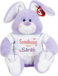 Give this personalized Lavendar Easter Bunny Somebunny Loves ?Ty Inc. "Twitches" to any little one in your life. Our Stuffed Plush Easter Bunny is from ?Ty Inc., The Pluffies Collection? and bunny measures a full 10" tall. Pluffies are machine washable and safe for all ages. Personalize your Easter Bunny with any name. A personalized Easter Bunny makes the perfect addition to your child's Easter gift basket.