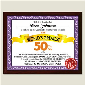World's Greatest 50th Birthday Personalized Plaque by Gifts For You Now