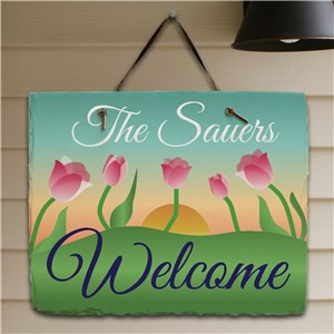 Image of Personalized Spring Tulips Welcome Slate Plaque
