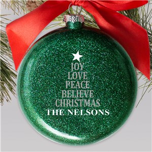 Personalized Joy Love Peace Believe Glass Christmas Ornament by Gifts For You Now