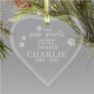 Personalized Engraved Paw Prints On Your Heart Glass Christmas Ornament by Gifts For You Now