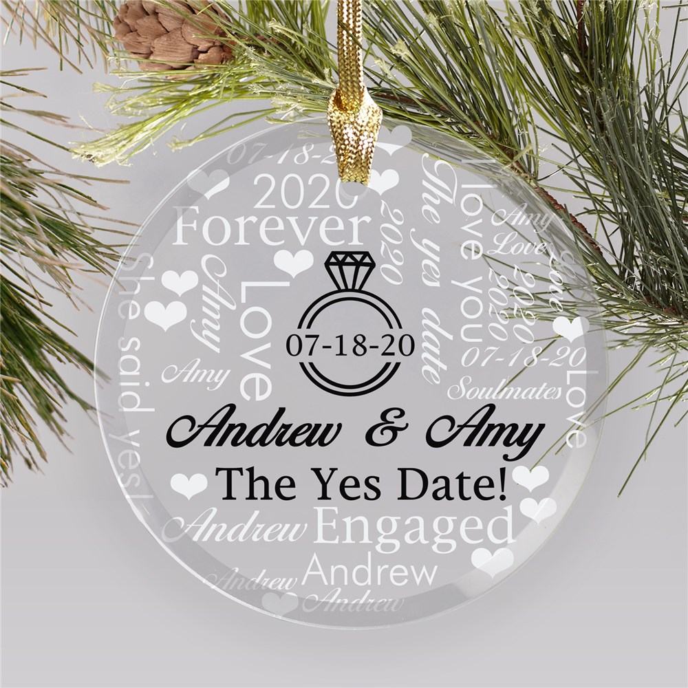 We're Engaged Word Art Round Glass Holiday Ornament 8153124R
