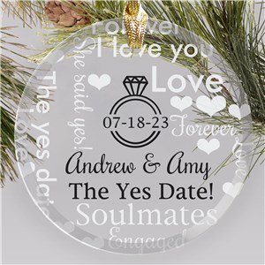 The Yes Date Word Art Round Glass Personalized Engagement Christmas Ornament by Gifts For You Now