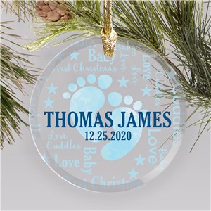 Personalized Baby Footprints Word Art Round Glass Christmas Ornament by Gifts For You Now