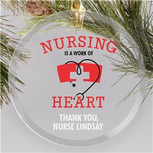 Personalized Nursing is a Work of Heart Round Glass Christmas Ornament by Gifts For You Now