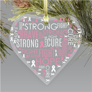Personalized Breast Cancer Word Art Heart Shaped Glass Christmas Ornament by Gifts For You Now