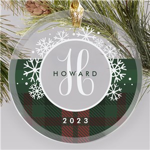 Personalized Plaid Snowflakes Round Glass Christmas Ornament by Gifts For You Now